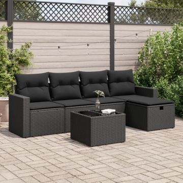 Set mobilier de grădină cu perne, 6 piese, negru, poliratan