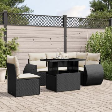 Set mobilier de grădină cu perne, 6 piese, negru, poliratan