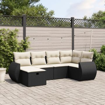 Set mobilier de grădină cu perne, 6 piese, negru, poliratan