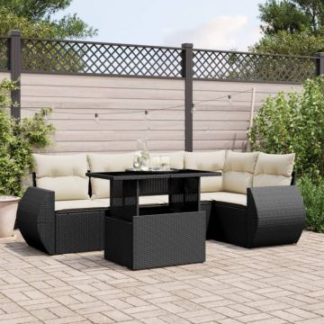 Set mobilier de grădină cu perne, 6 piese, negru, poliratan