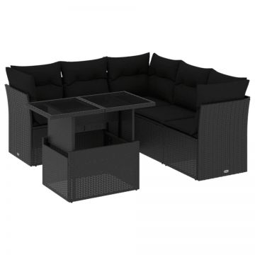 Set mobilier de grădină cu perne, 6 piese, negru, poliratan