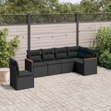 Set mobilier de grădină cu perne, 6 piese, negru, poliratan