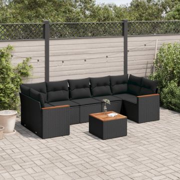 Set mobilier de grădină cu perne, 8 piese, negru, poliratan