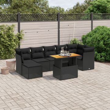 Set mobilier de grădină cu perne, 8 piese, negru, poliratan