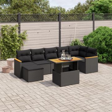 Set mobilier de grădină cu perne, 8 piese, negru, poliratan