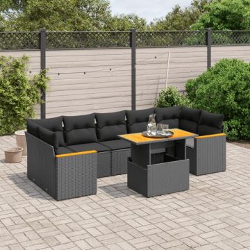 Set mobilier de grădină cu perne, 8 piese, negru, poliratan