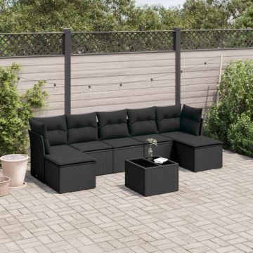 Set mobilier de grădină cu perne, 8 piese, negru, poliratan