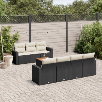 Set mobilier de grădină cu perne, 8 piese, negru, poliratan