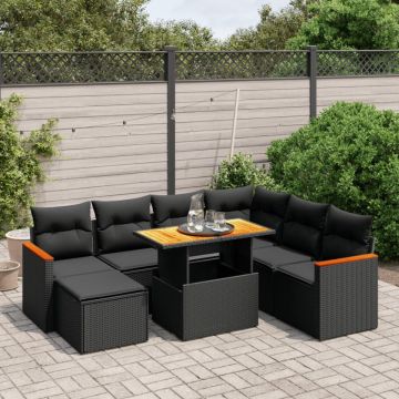 Set mobilier de grădină cu perne, 8 piese, negru, poliratan