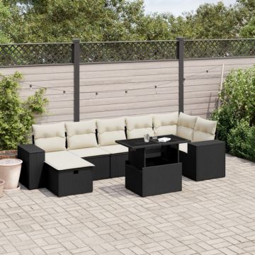 Set mobilier de grădină cu perne, 8 piese, negru, poliratan