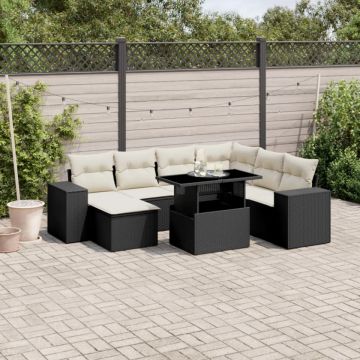 Set mobilier de grădină cu perne, 8 piese, negru, poliratan