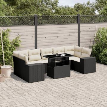 Set mobilier de grădină cu perne, 8 piese, negru, poliratan