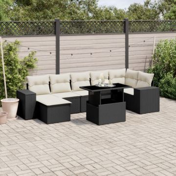 Set mobilier de grădină cu perne, 8 piese, negru, poliratan