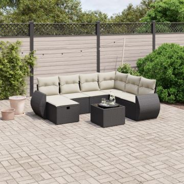 Set mobilier de grădină cu perne, 8 piese, negru, poliratan