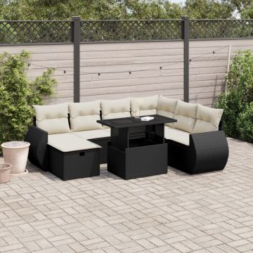 Set mobilier de grădină cu perne, 8 piese, negru, poliratan