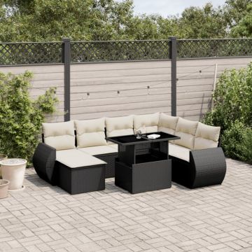 Set mobilier de grădină cu perne, 8 piese, negru, poliratan