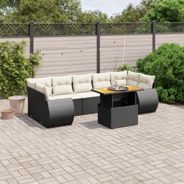 Set mobilier de grădină cu perne, 8 piese, negru, poliratan