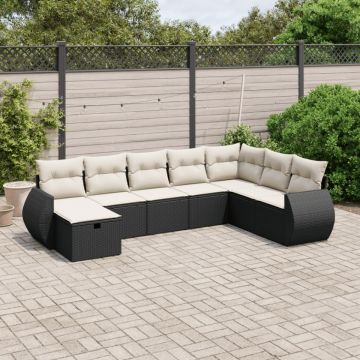 Set mobilier de grădină cu perne, 8 piese, negru, poliratan