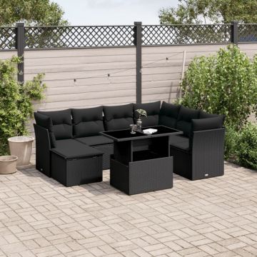 Set mobilier de grădină cu perne, 8 piese, negru, poliratan