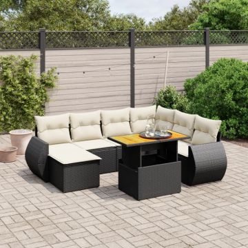 Set mobilier de grădină cu perne, 8 piese, negru, poliratan