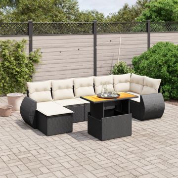 Set mobilier de grădină cu perne, 8 piese, negru, poliratan