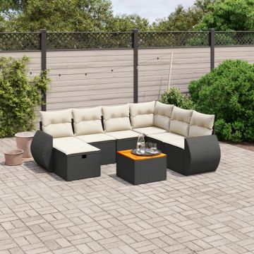 Set mobilier de grădină cu perne, 8 piese, negru, poliratan