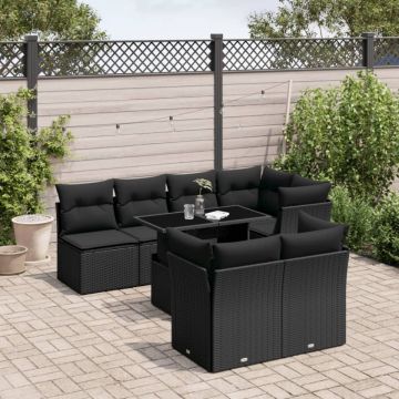 Set mobilier de grădină cu perne, 8 piese, negru, poliratan