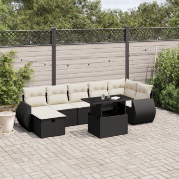 Set mobilier de grădină cu perne, 8 piese, negru, poliratan