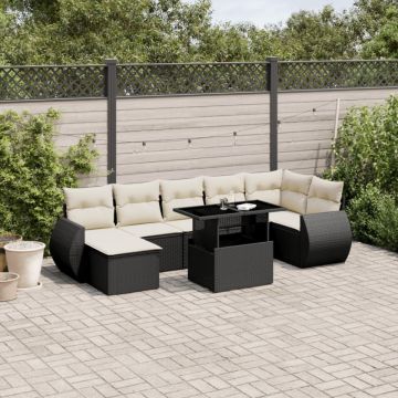 Set mobilier de grădină cu perne, 8 piese, negru, poliratan