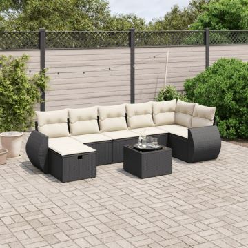 Set mobilier de grădină cu perne, 8 piese, negru, poliratan