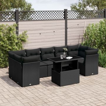 Set mobilier de grădină cu perne, 8 piese, negru, poliratan