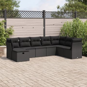 Set mobilier de grădină cu perne, 8 piese, negru, poliratan