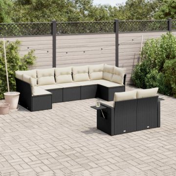 Set mobilier de grădină cu perne, 9 piese, negru, poliratan