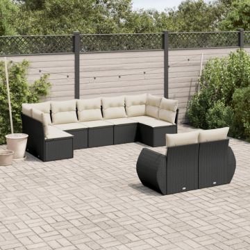 Set mobilier de grădină cu perne, 9 piese, negru, poliratan