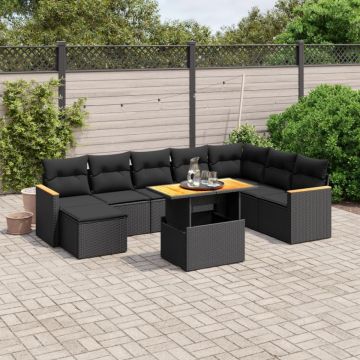 Set mobilier de grădină cu perne, 9 piese, negru, poliratan