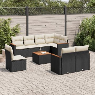 Set mobilier de grădină cu perne, 9 piese, negru, poliratan