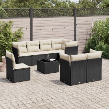 Set mobilier de grădină cu perne, 9 piese, negru, poliratan