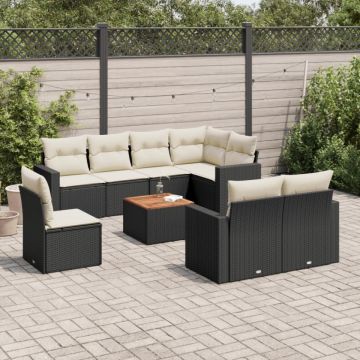 Set mobilier de grădină cu perne, 9 piese, negru, poliratan