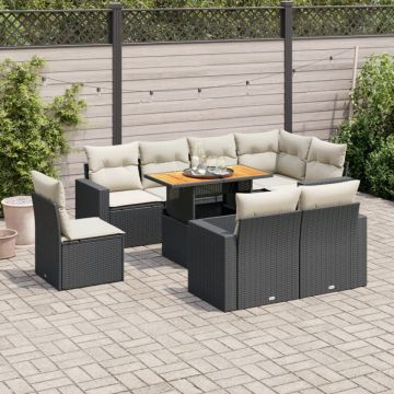 Set mobilier de grădină cu perne, 9 piese, negru, poliratan