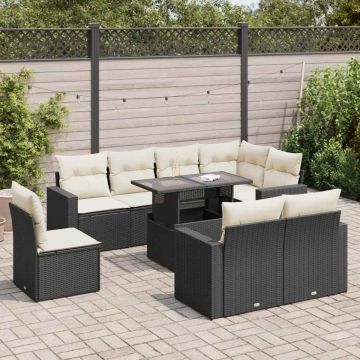 Set mobilier de grădină cu perne, 9 piese, negru, poliratan