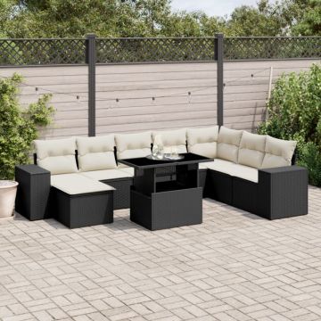 Set mobilier de grădină cu perne, 9 piese, negru, poliratan