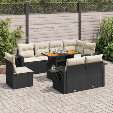 Set mobilier de grădină cu perne, 9 piese, negru, poliratan