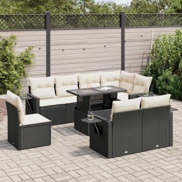 Set mobilier de grădină cu perne, 9 piese, negru, poliratan