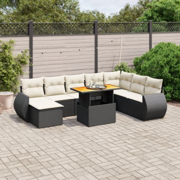 Set mobilier de grădină cu perne, 9 piese, negru, poliratan