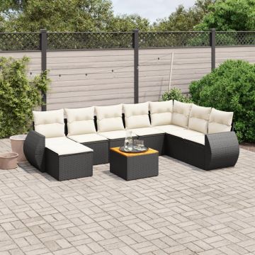 Set mobilier de grădină cu perne, 9 piese, negru, poliratan