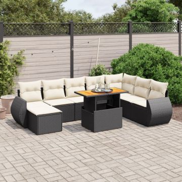 Set mobilier de grădină cu perne, 9 piese, negru, poliratan