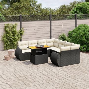 Set mobilier de grădină cu perne, 9 piese, negru, poliratan