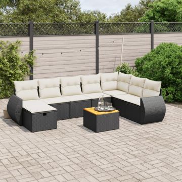 Set mobilier de grădină cu perne, 9 piese, negru, poliratan