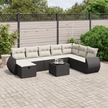 Set mobilier de grădină cu perne, 9 piese, negru, poliratan