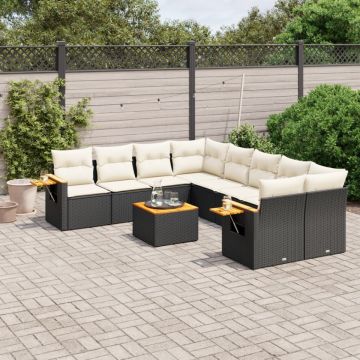 Set mobilier de grădină cu perne, 9 piese, negru, poliratan